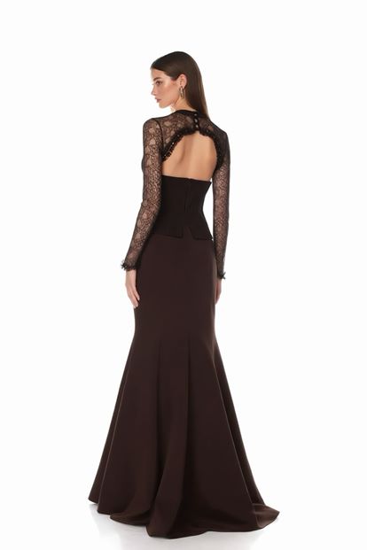 Kahverengi Korse Detaylı Dantel Görünümlü Abiye Elbise